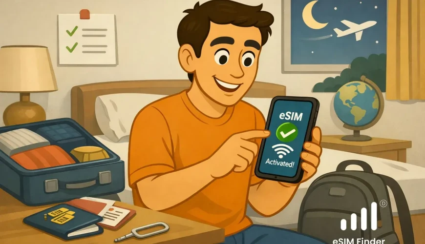 First-time traveler setting up a travel eSIM on a smartphone before a flight