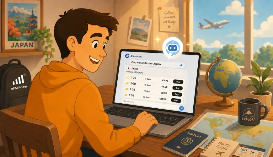 A traveler using an AI assistant on a laptop to find and buy a travel eSIM for Japan, showing a chat list of eSIM data plans.